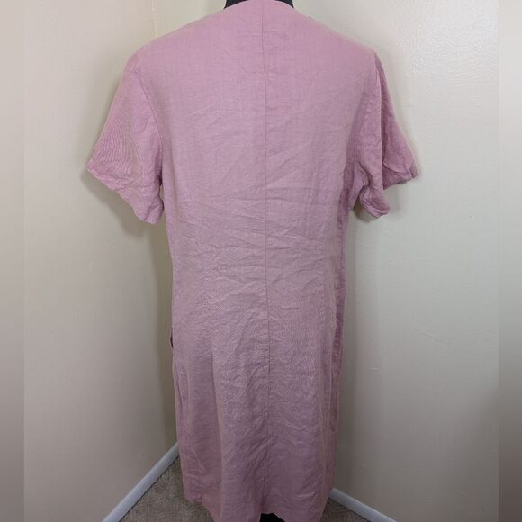 Chic Pa Midi Dress 100% Linen V-Neck Short Sleeve Lagenlook Pockets - Picture 2 of 13